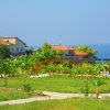 Giardino con piante verdi e case vista mare in lontananza.