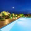 Piscina illuminata di notte con palme.