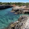 Costa rocciosa con acqua limpida e vegetazione sullo sfondo.