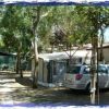 Area campeggio con auto parcheggiata accanto a una tenda e alberi intorno.