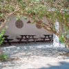 Area picnic coperta con tavoli in legno.