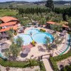 Piscina circondata da alberi e sdraio.