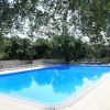 Una piscina circondata da alberi, con lettini e pavimento in pietra attorno.