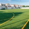 Campo da calcio con erba sintetica e case vicine.